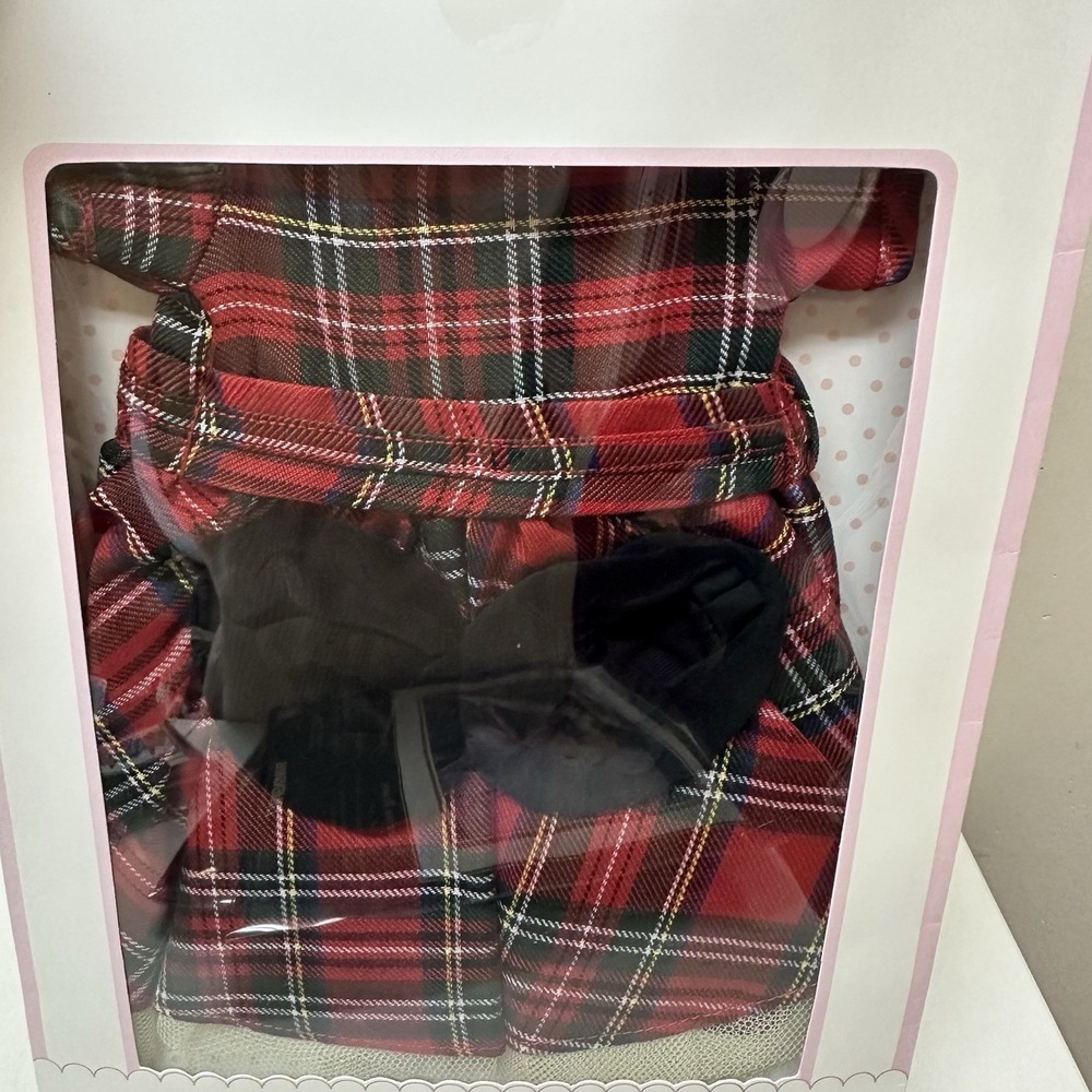 Pottery Barn Kids Doll Holiday Outfit Red Tartan Plaid Dress & Shoes NEW - Picture 4 of 9